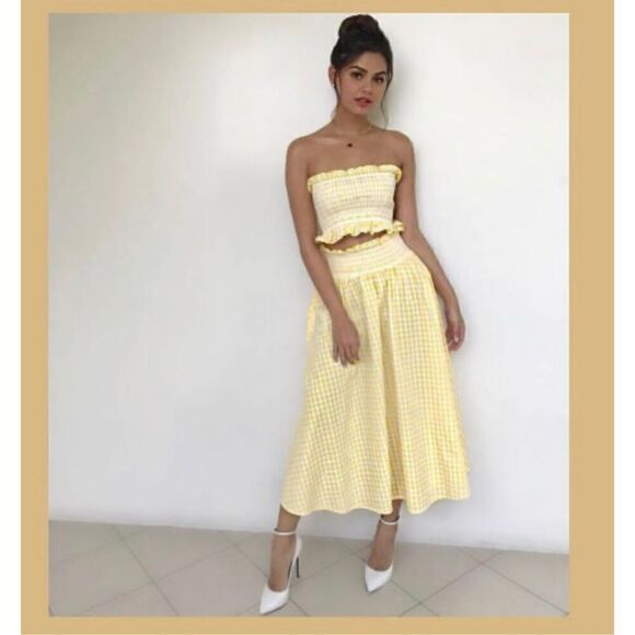 Zara Women’s Blogger Favorite Yellow White Gingham Bandeau High Waisted Full Mid - Picture 12 of 16